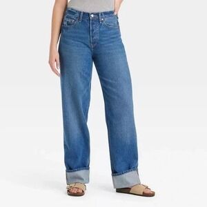 Universal Thread Cuffed Mid Rise 90s Baggy Jeans Womens Sz 12 Dark Wash Blue NEW